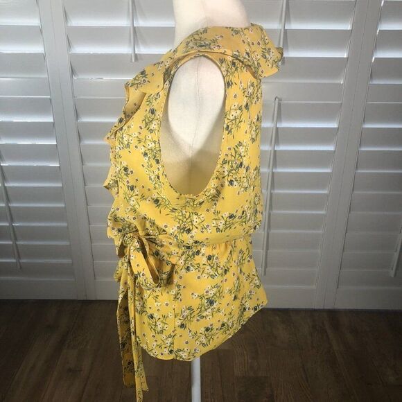 Max Studio Women's Yellow Floral Surplice Ruffle Peplum Top Tie at Waist Small - Picture 9 of 11